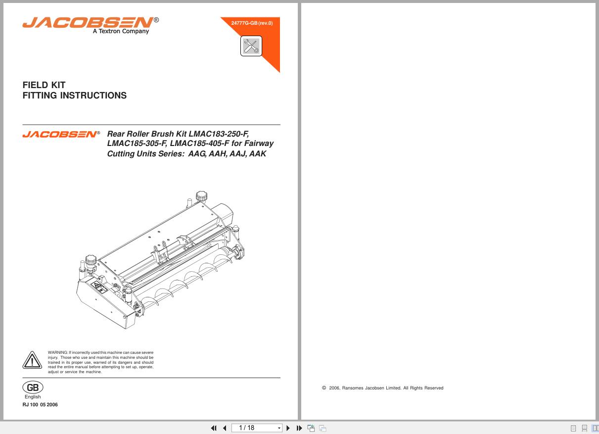 Jacobsen Mower Fairway 250 305 405 Rear Roller Brush Kits Instruction Sheet 24777G GB 2006 (1)