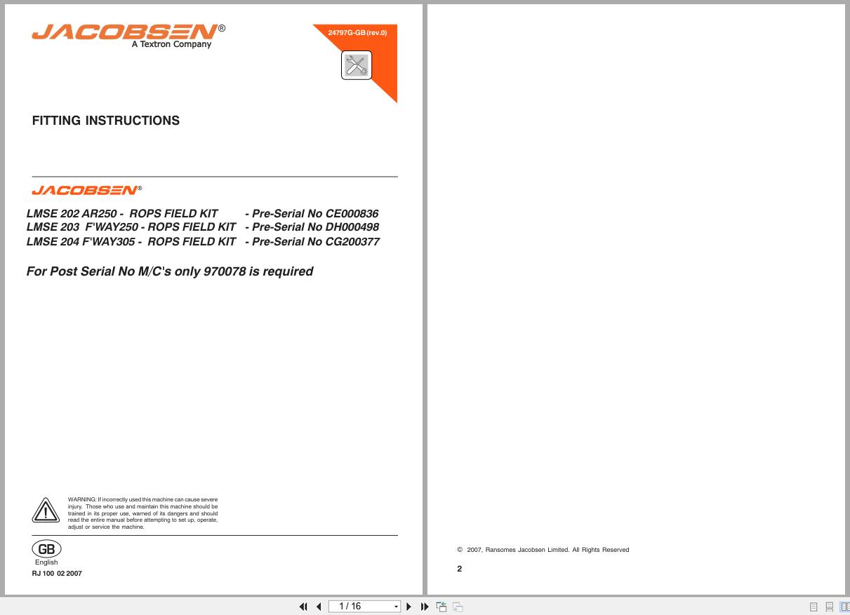 Jacobsen Mower Fairway 250 305 AR250 Rops Field Kit Fitting Instructions 24797G GB 2007 (1)
