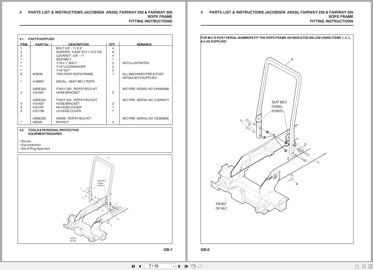 Jacobsen Mower Fairway 250 305 AR250 Rops Field Kit Fitting Instructions 24797G GB 2007 (2)