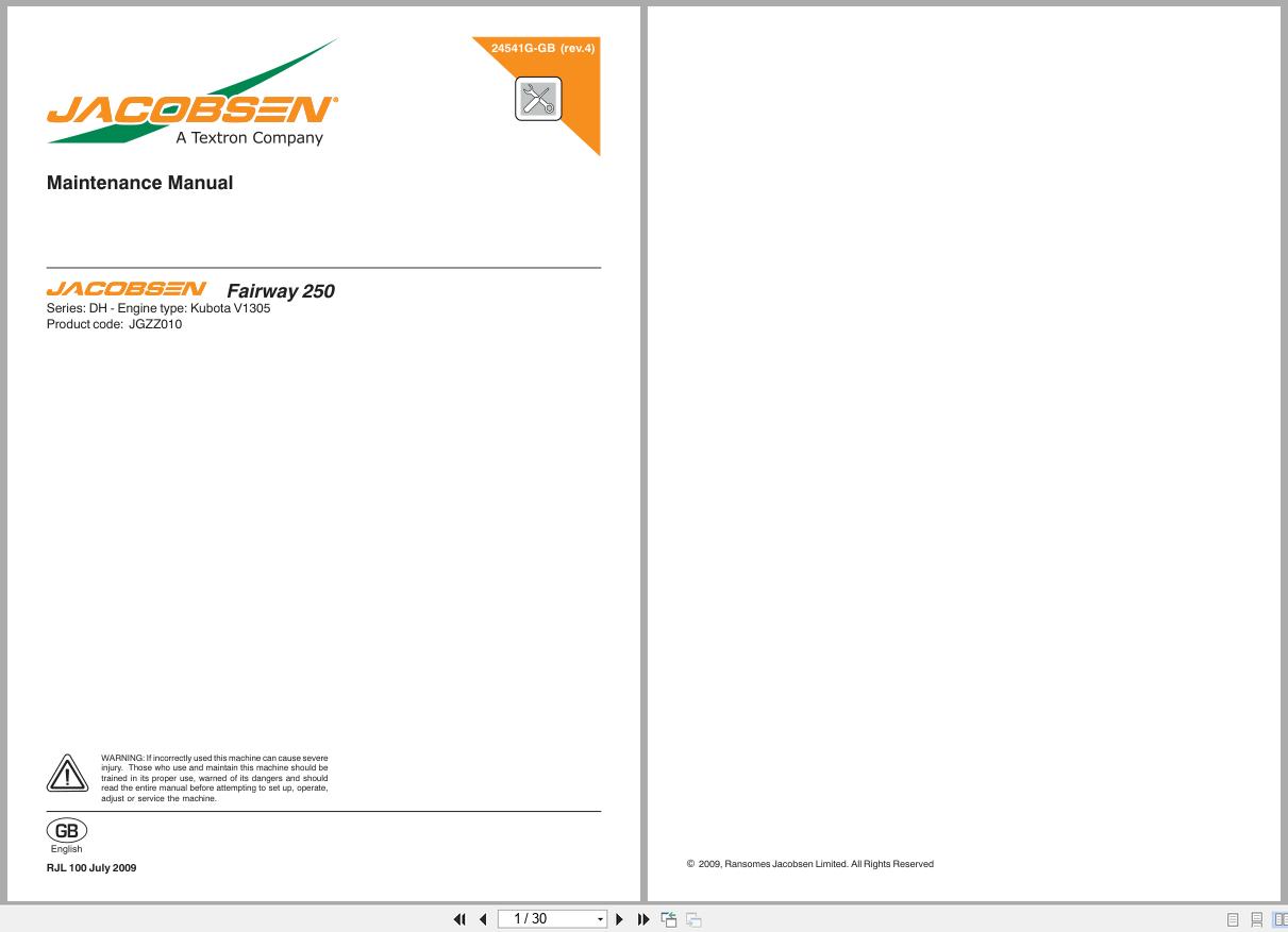 Jacobsen Mower Fairway 250 Maintenance Manual 24541G GB R4 2009 (1)