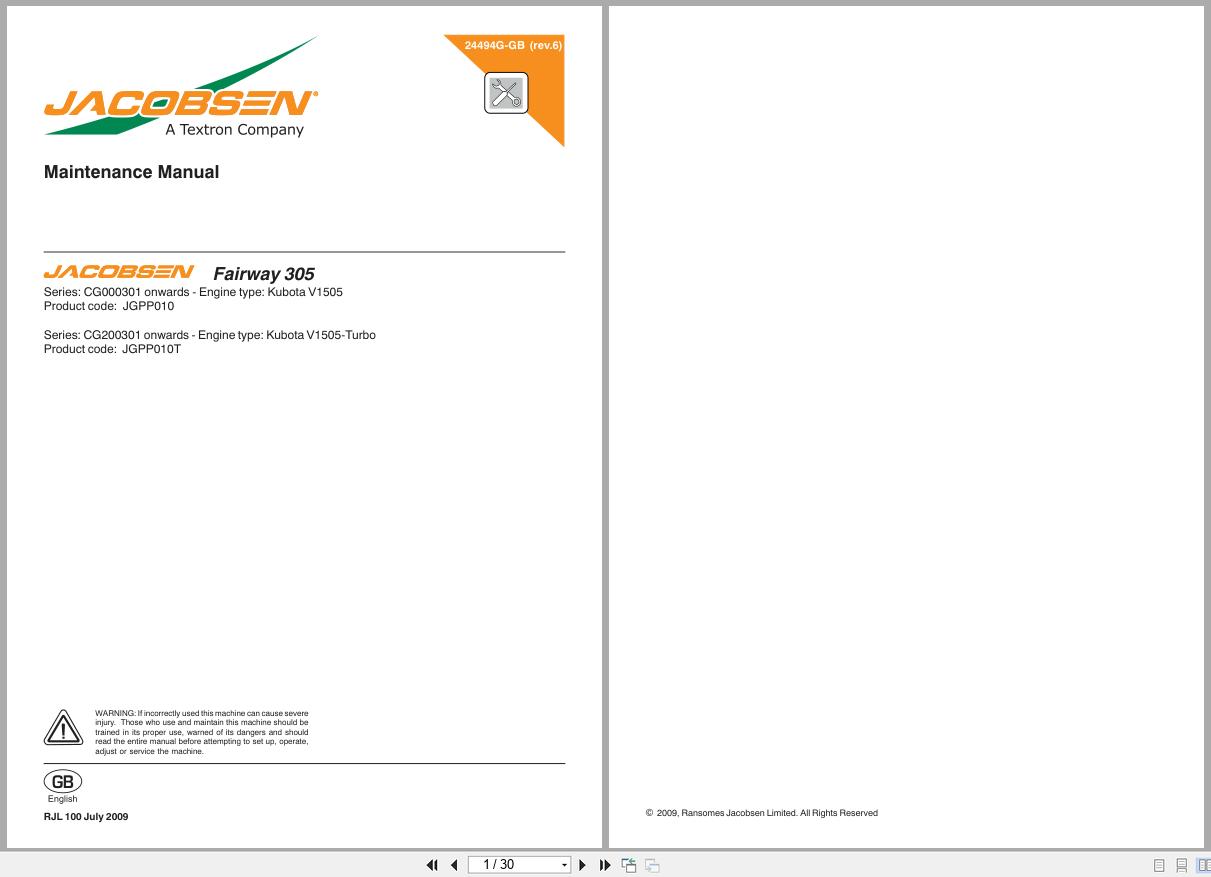 Jacobsen Mower Fairway 305 Maintenance Manual 24494G GB R6 2009 (1)