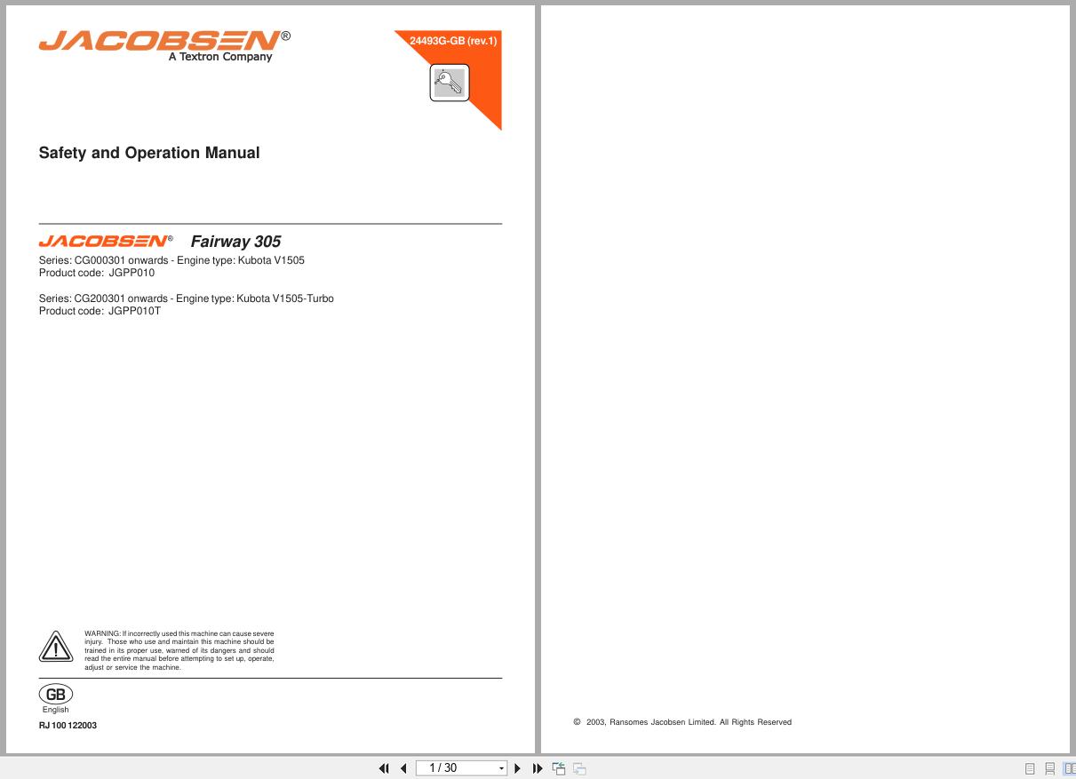 Jacobsen Mower Fairway 305 Safety Operation Manual 24493G GB R1 2003 (1)
