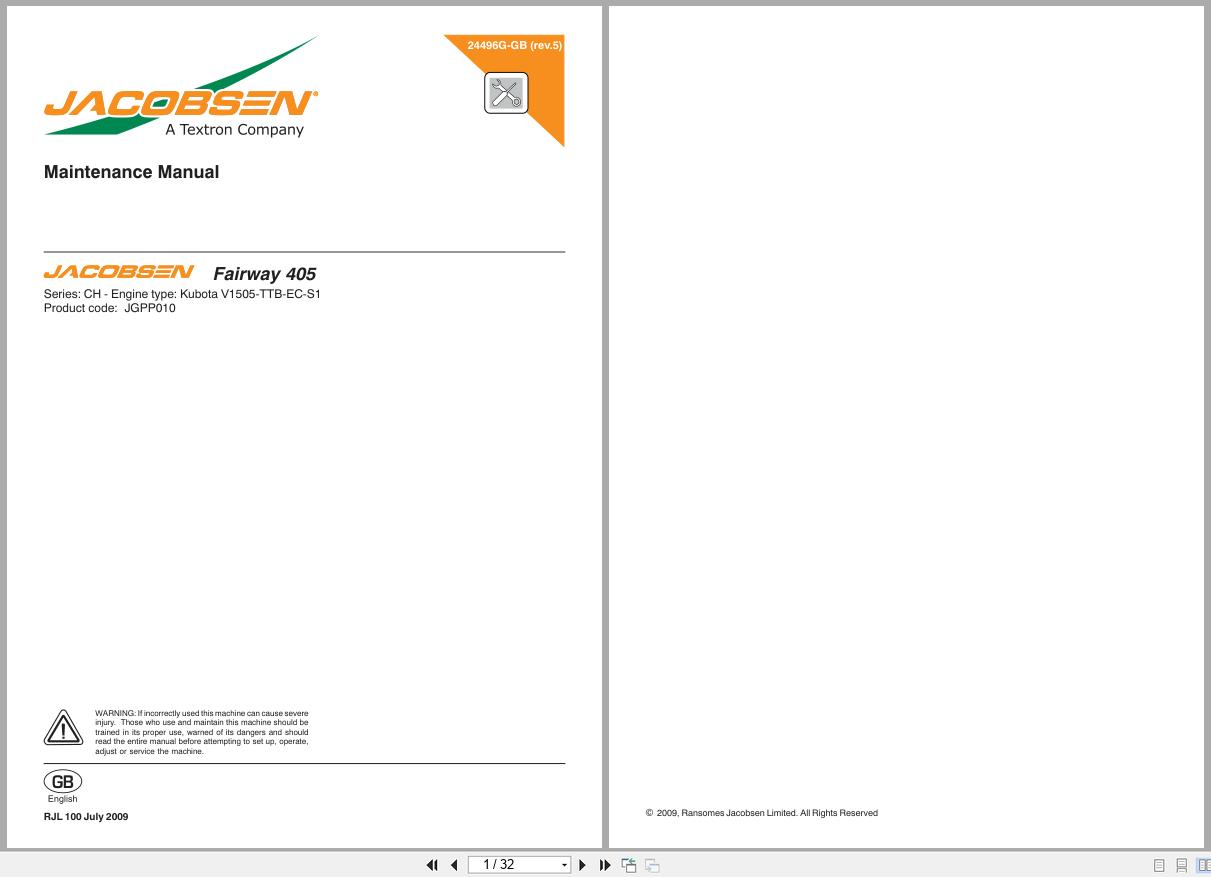 Jacobsen Mower Fairway 405 Maintenance Manual 24496G GB R5 2009 (1)
