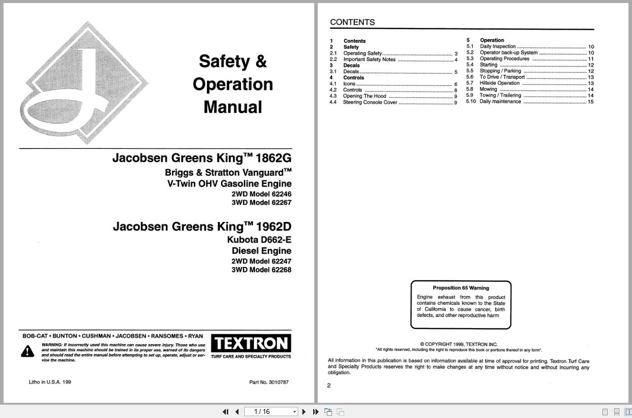 Jacobsen Mower Greens King 1862G 1962G Safety Operation Manual 3010787 1999 (1)