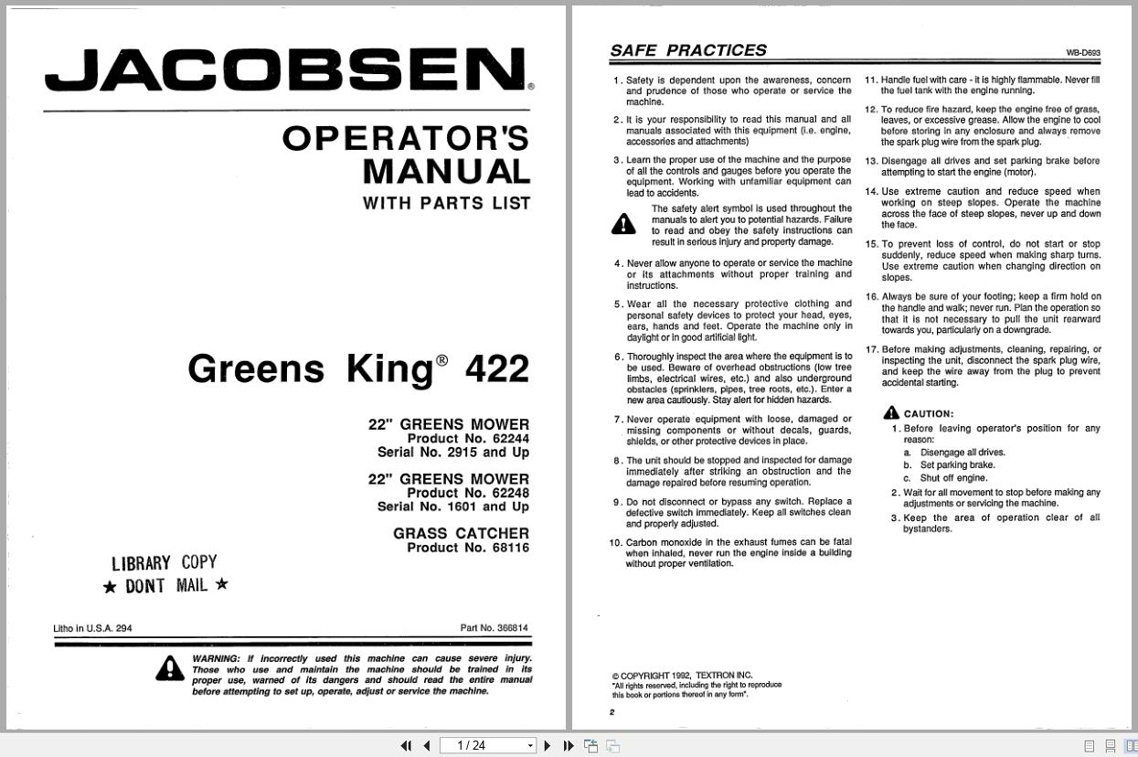 Jacobsen Mower Greens King 422 Operators Parts Manual 366814 1992 (1)