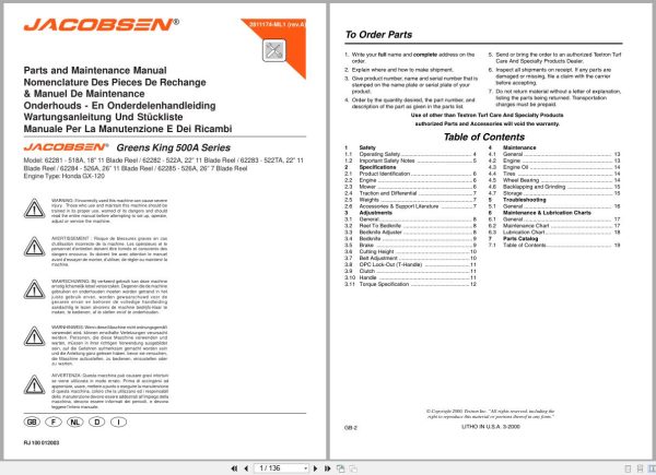 Jacobsen Mower Greens King 500 Series Parts Maintenance Manual 2811174 Ml1 2000 (1)