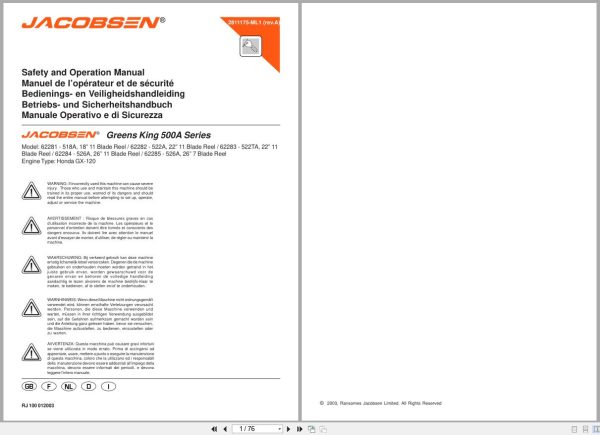 Jacobsen Mower Greens King 500 Series Safety Operation Manual 2811175 ML1 2003 (1) Jacobsen Mower Greens King 500 Series Safety Operation Manual 2811175 Ml1 2003 (1)