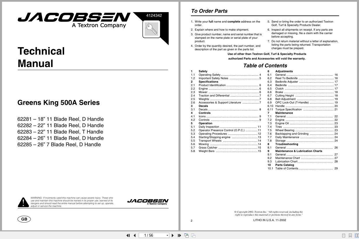 Jacobsen Mower Greens King 500 Series Technical Manual 4124342 2002 (1)
