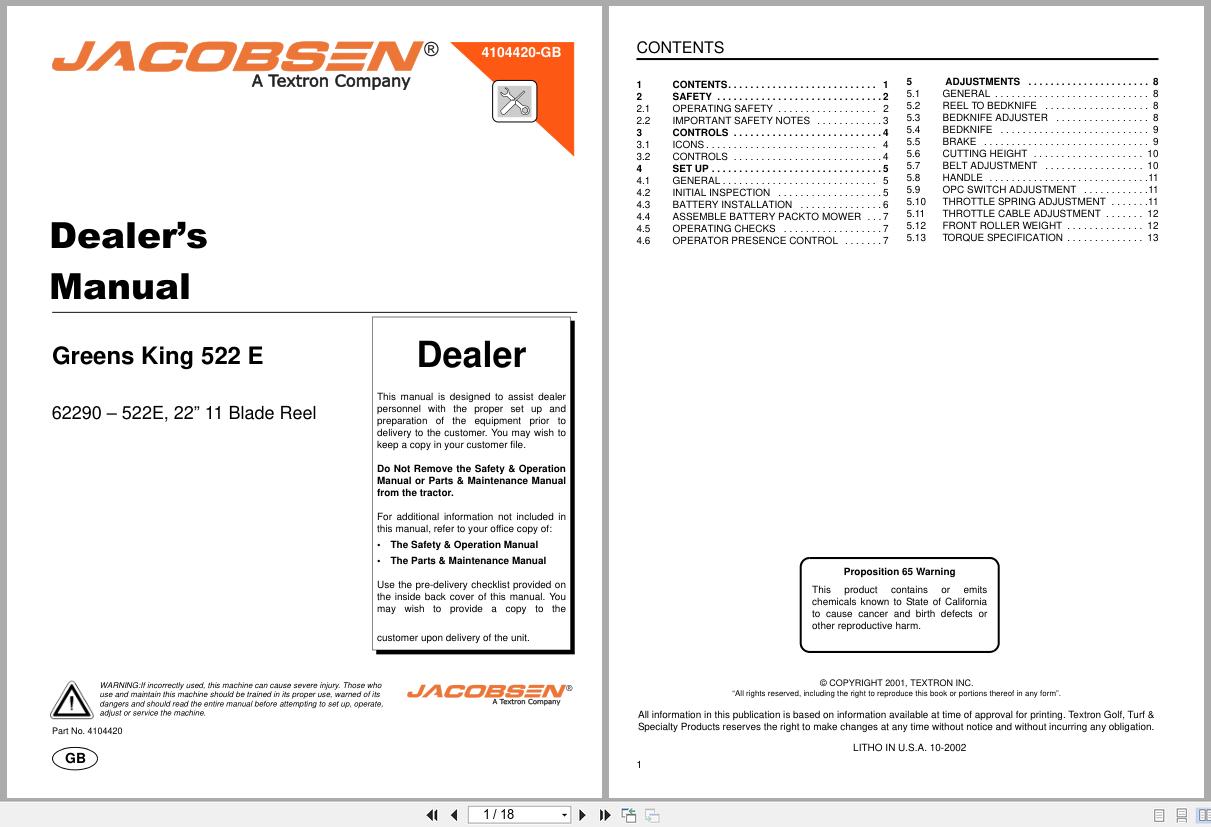 Jacobsen Mower Greens King 522 E Dealer Manual 4104420 GB 2001 (1)