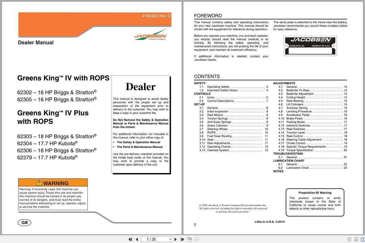 Jacobsen Mower Greens King IV Dealer Manual 4190462 D 2014 (1)