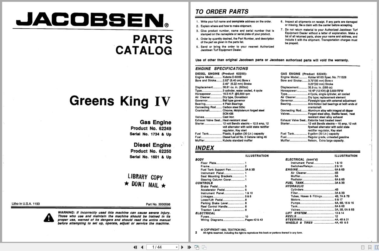Jacobsen Mower Greens King IV Gas Diesel Parts Catalogue 3000598 1993 (1)