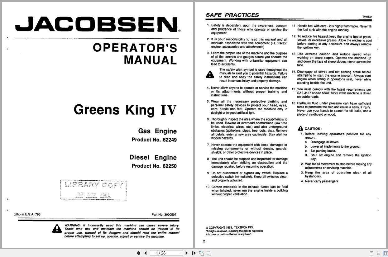 Jacobsen Mower Greens King IV Gas Diesel Safety Operation Manual 3000597 1993 (1)