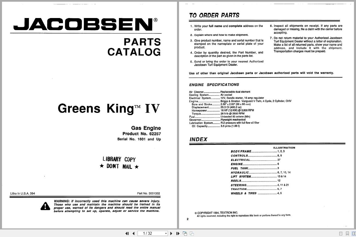 Jacobsen Mower Greens King IV Gas Parts Catalogue 3001352 1994 (1)