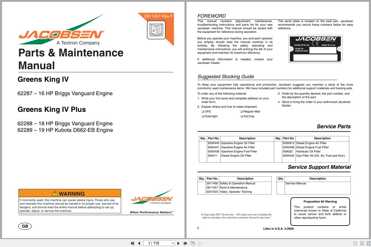 Jacobsen Mower Greens King IV Plus Parts Maintenance Manual 2811457 F 2009 (1)