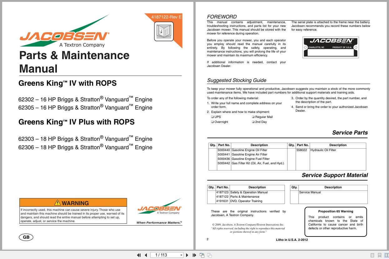 Jacobsen Mower Greens King IV Plus Parts Maintenance Manual 4187122 E 2012 (1)