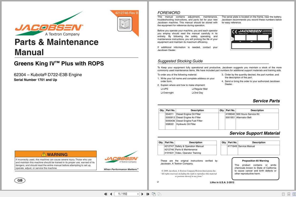 Jacobsen Mower Greens King IV Plus Parts Maintenance Manual 4212746 B 2012 (1)