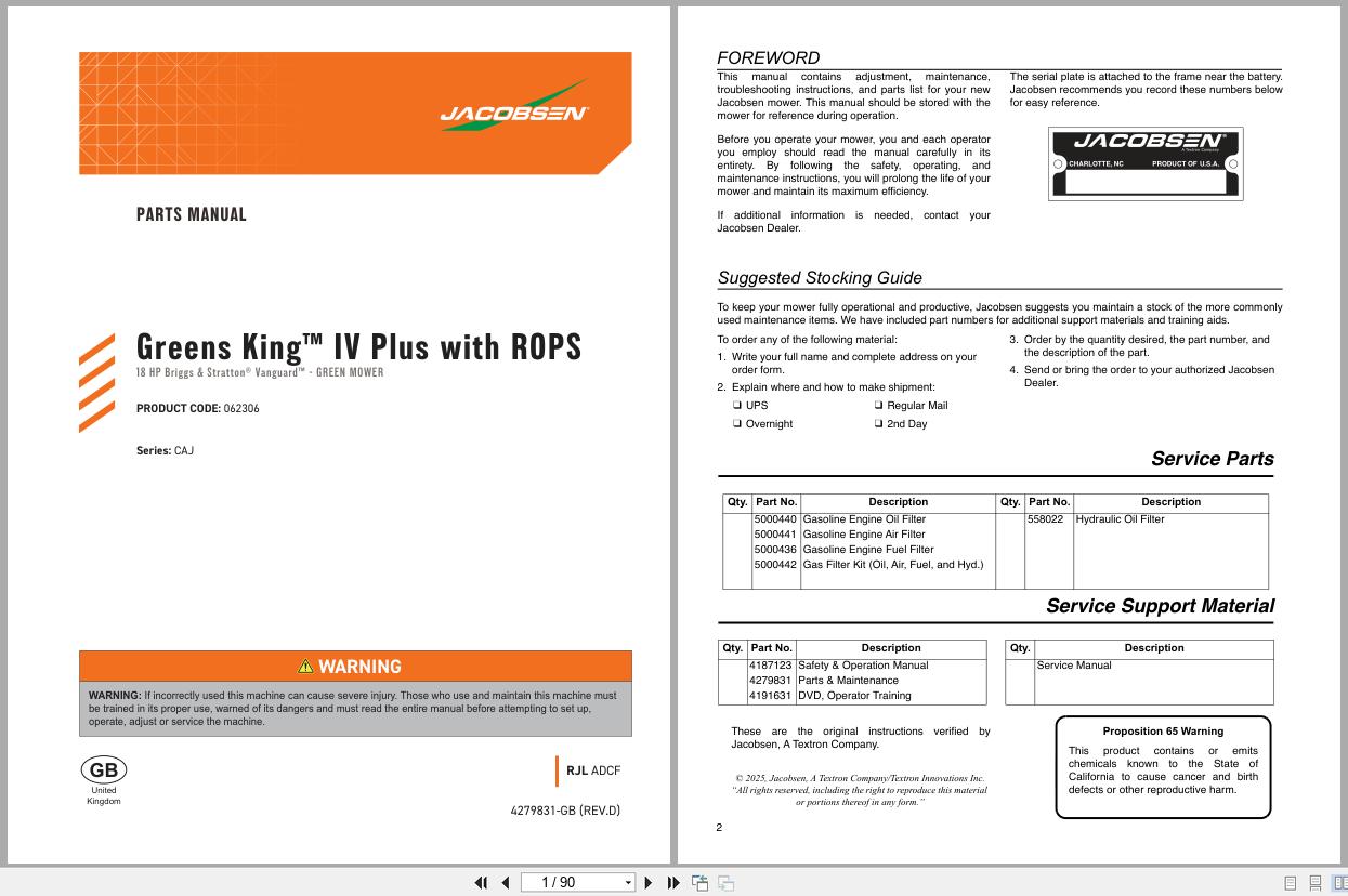 Jacobsen Mower Greens King IV Plus Parts Maintenance Manual 4279831 D 2015 (1)