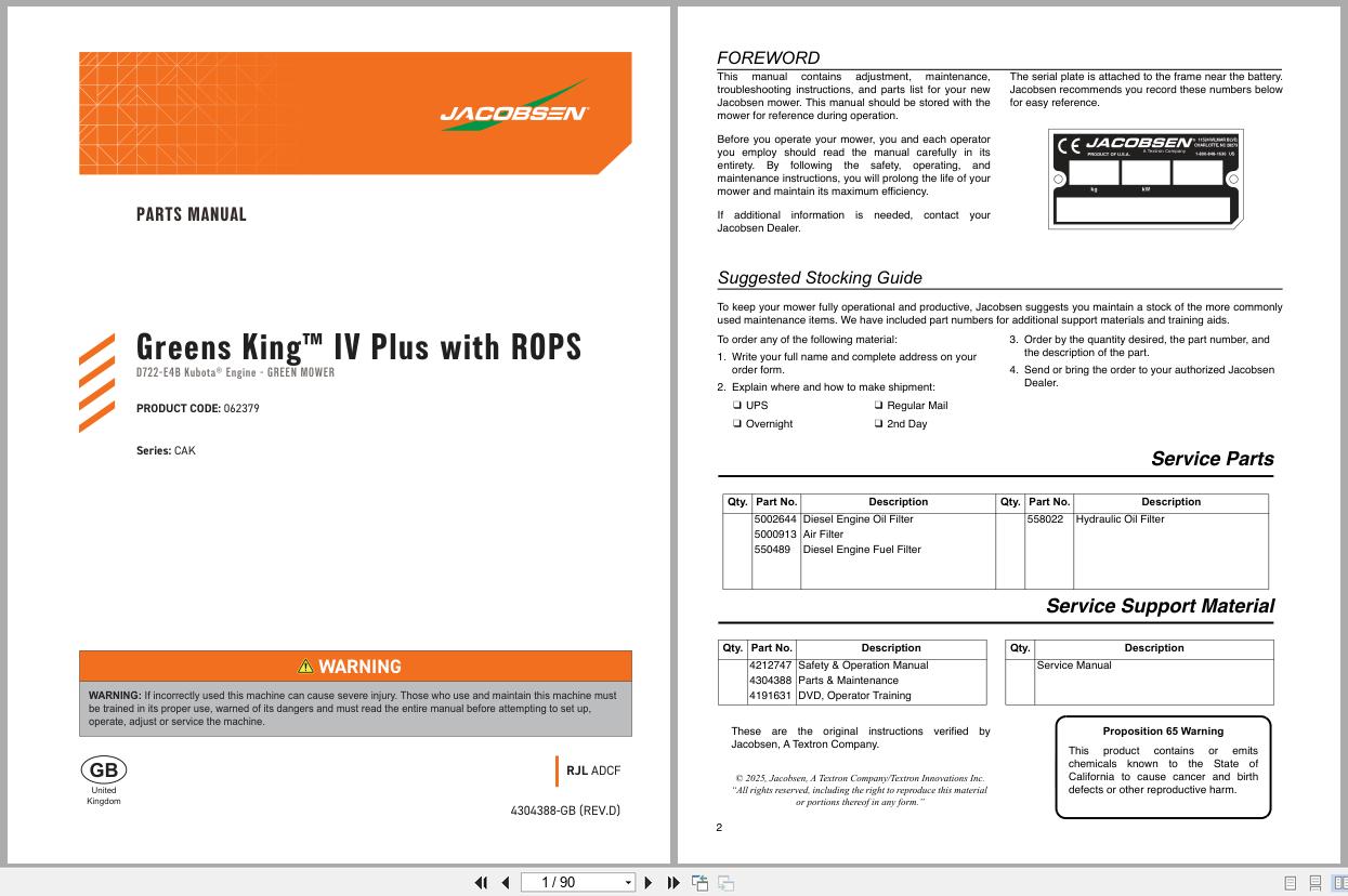 Jacobsen Mower Greens King IV Plus Parts Manual 4304388 D 2025 (1)