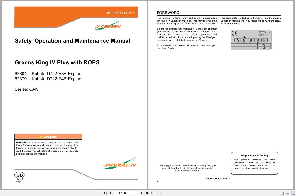Jacobsen Mower Greens King IV Plus Safety Operation Maintenance Manual 4212747 GB E 2014 (1)