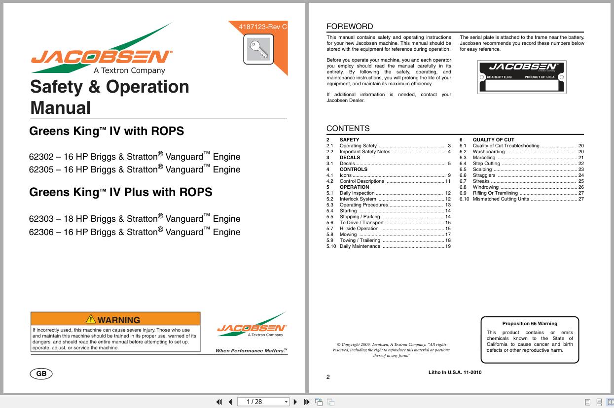 Jacobsen Mower Greens King IV Plus Safety Operation Manual 4187123 2010 (1)