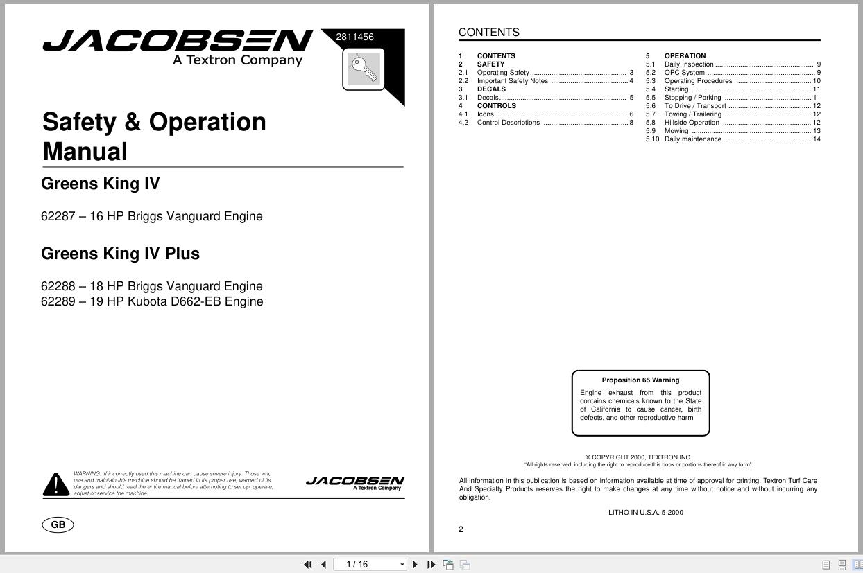 Jacobsen Mower Greens King IV Safety Operation Manual 2811456 2000 (1)