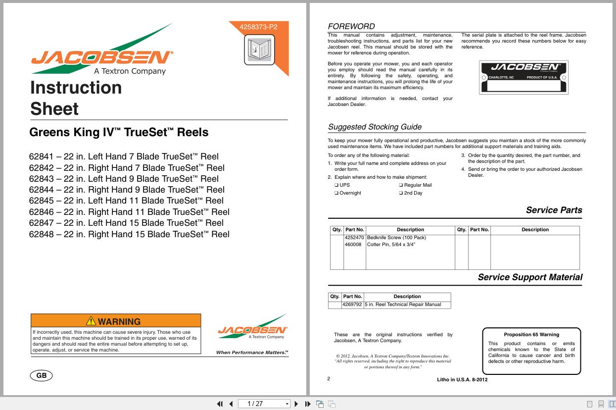 Jacobsen Mower Greens King IV Trueset Reels Instruction Sheet 4258373 P2 2012 (1)