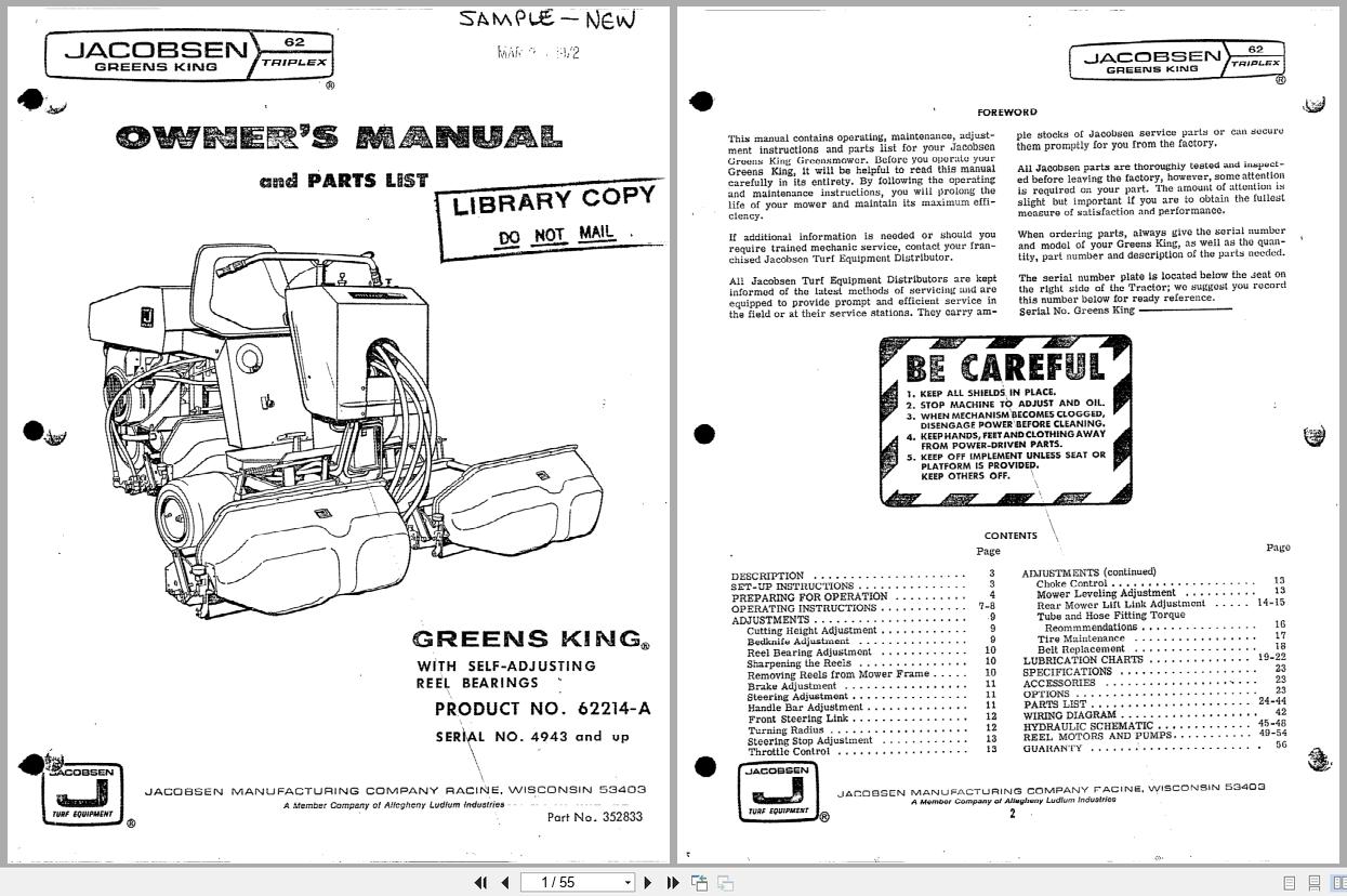 Jacobsen Mower Greens King Operators Manual And Parts List 352833 (1)