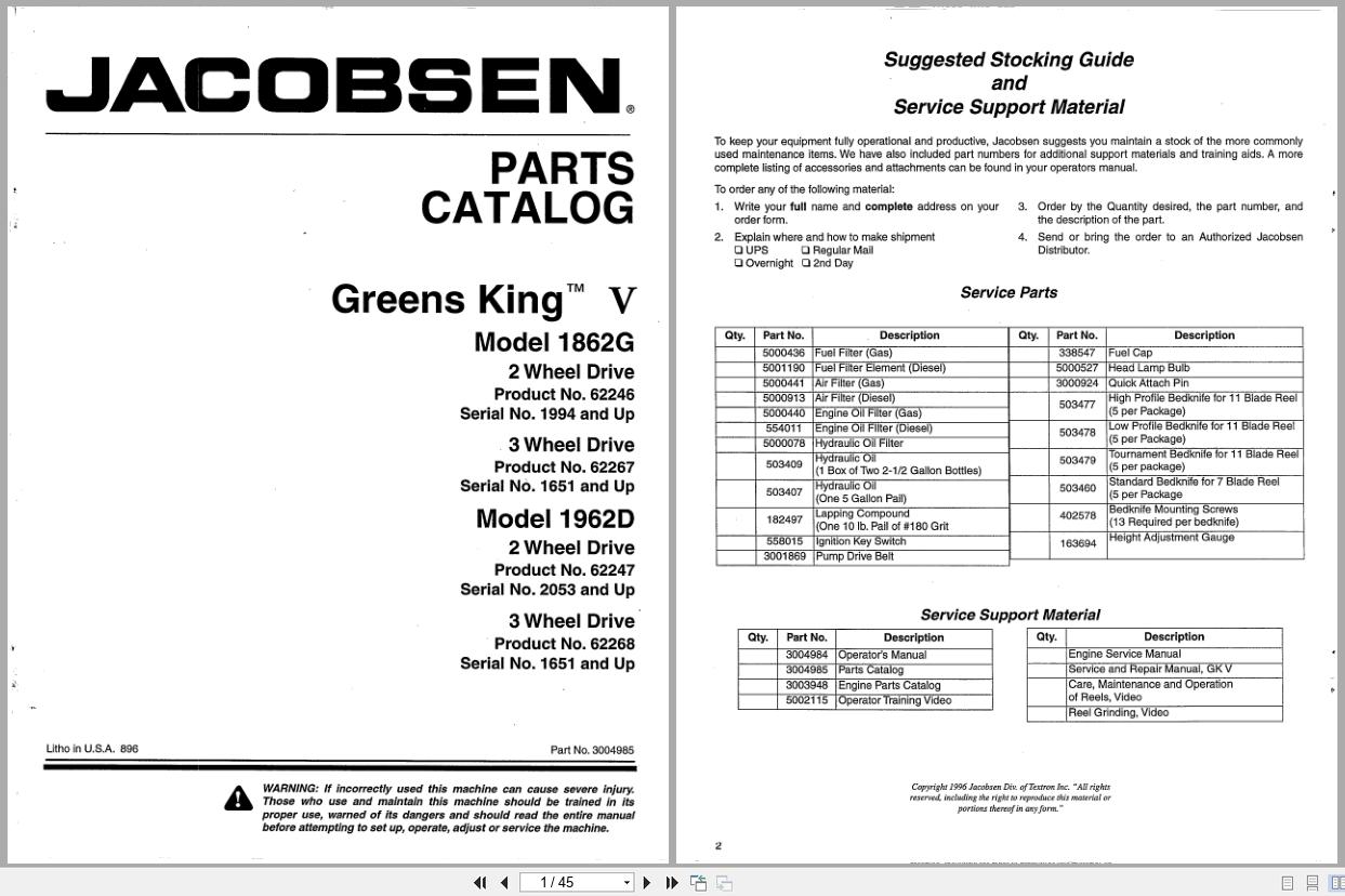Jacobsen Mower Greens King V 1862G 1962D Parts Catalogue 3004985 1996 (1)