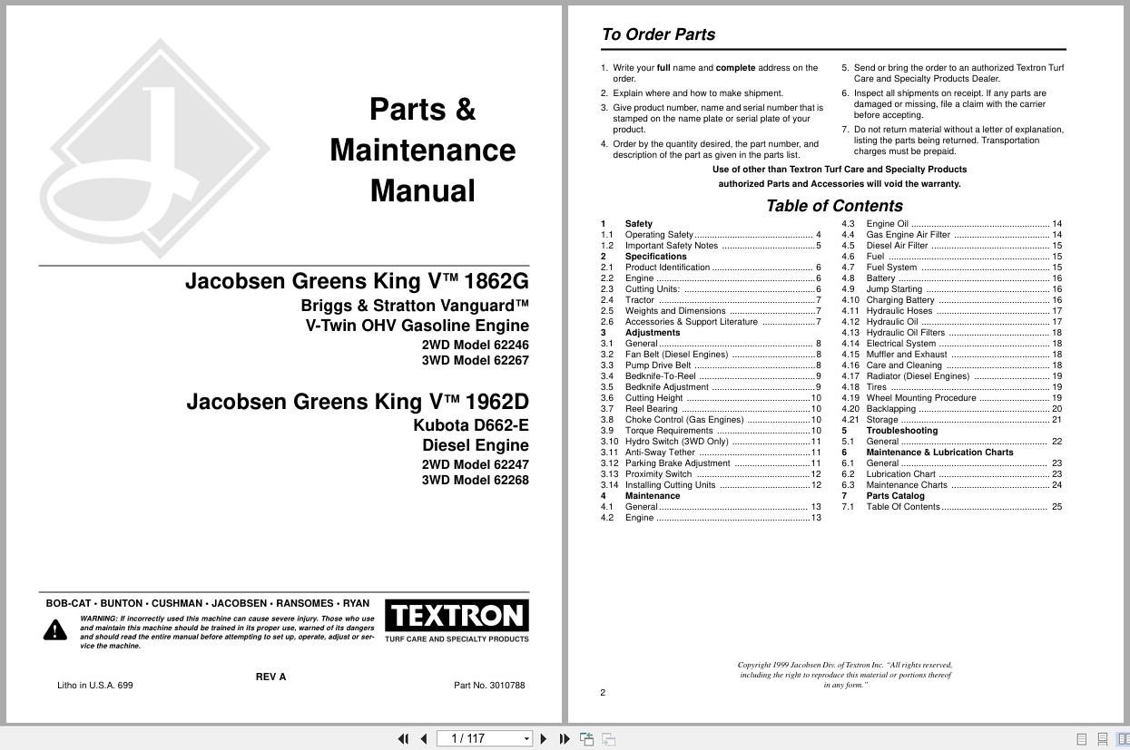 Jacobsen Mower Greens King V 1862G 1962D Parts Maintenance Manual 3010788 1999 (1)