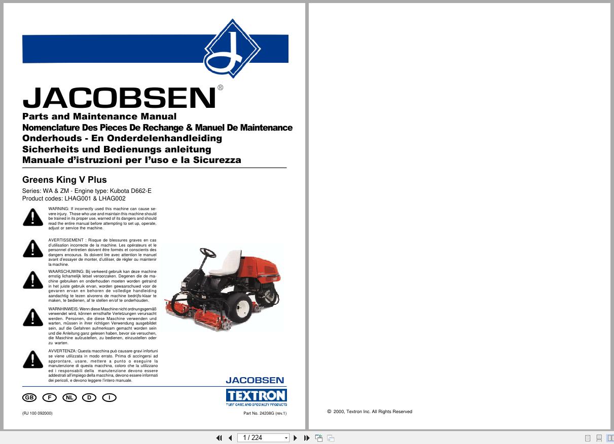 Jacobsen Mower Greens King V Plus Parts Maintenance Manual 24208GR1 2000 EN FR DE NL IT (1)
