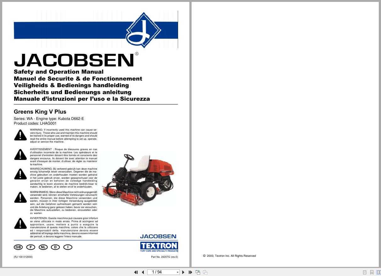 Jacobsen Mower Greens King V Plus Safety Operation Manual 24207GR0 2000 EN FR DE NL IT (1)