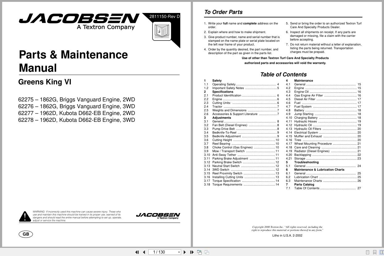 Jacobsen Mower Greens King VI Parts Maintenance Manual 2811150 D 2002 (1)
