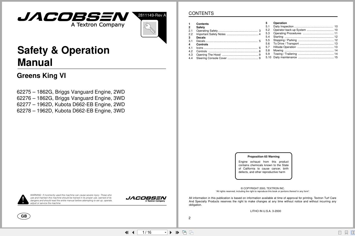 Jacobsen Mower Greens King VI Safety Operation Manual 2811149 A 2000 (1)