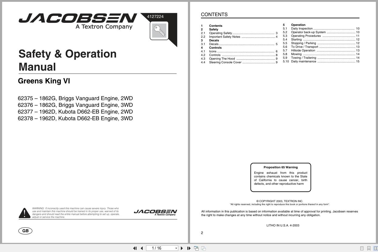 Jacobsen Mower Greens King VI Safety Operation Manual 4127224 2003 (1)
