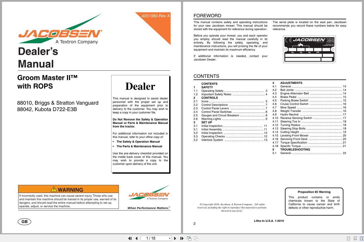 Jacobsen Mower Groom Master II Dealer Manual 4201380 2010 (1)