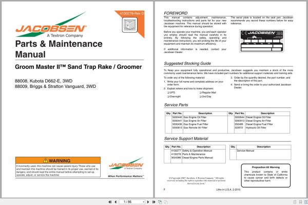 Jacobsen Mower Groom Master Ii Parts Maintenance Manual 4130278 2010 (1)