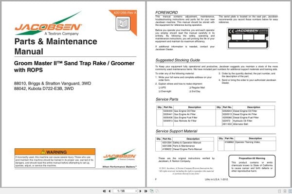 Jacobsen Mower Groom Master Ii Parts Maintenance Manual 4201266 A 2012 (1)