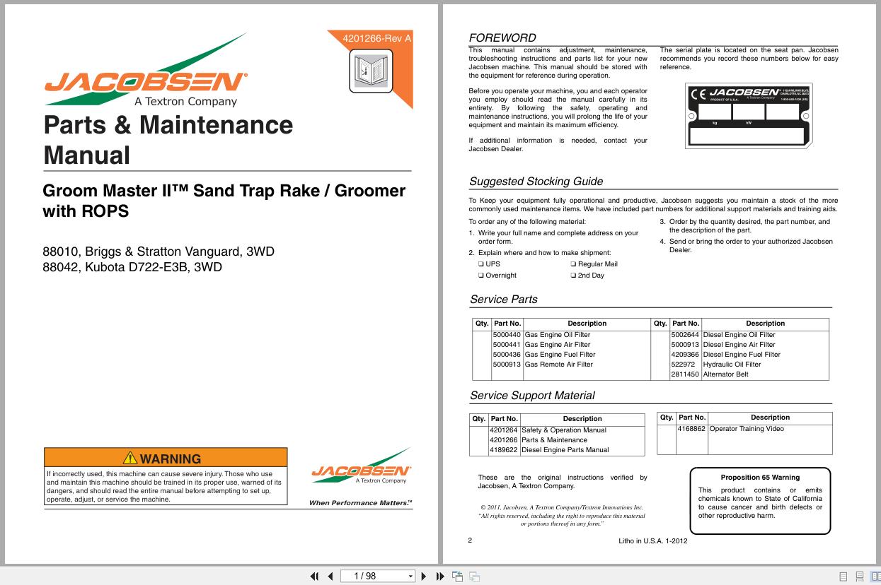 Jacobsen Mower Groom Master II Parts Maintenance Manual 4201266 A 2012 (1)