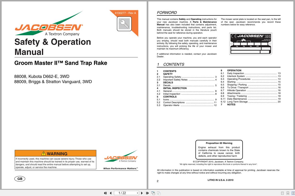 Jacobsen Mower Groom Master II Safety Operation Manual 4130277 2010 (1)