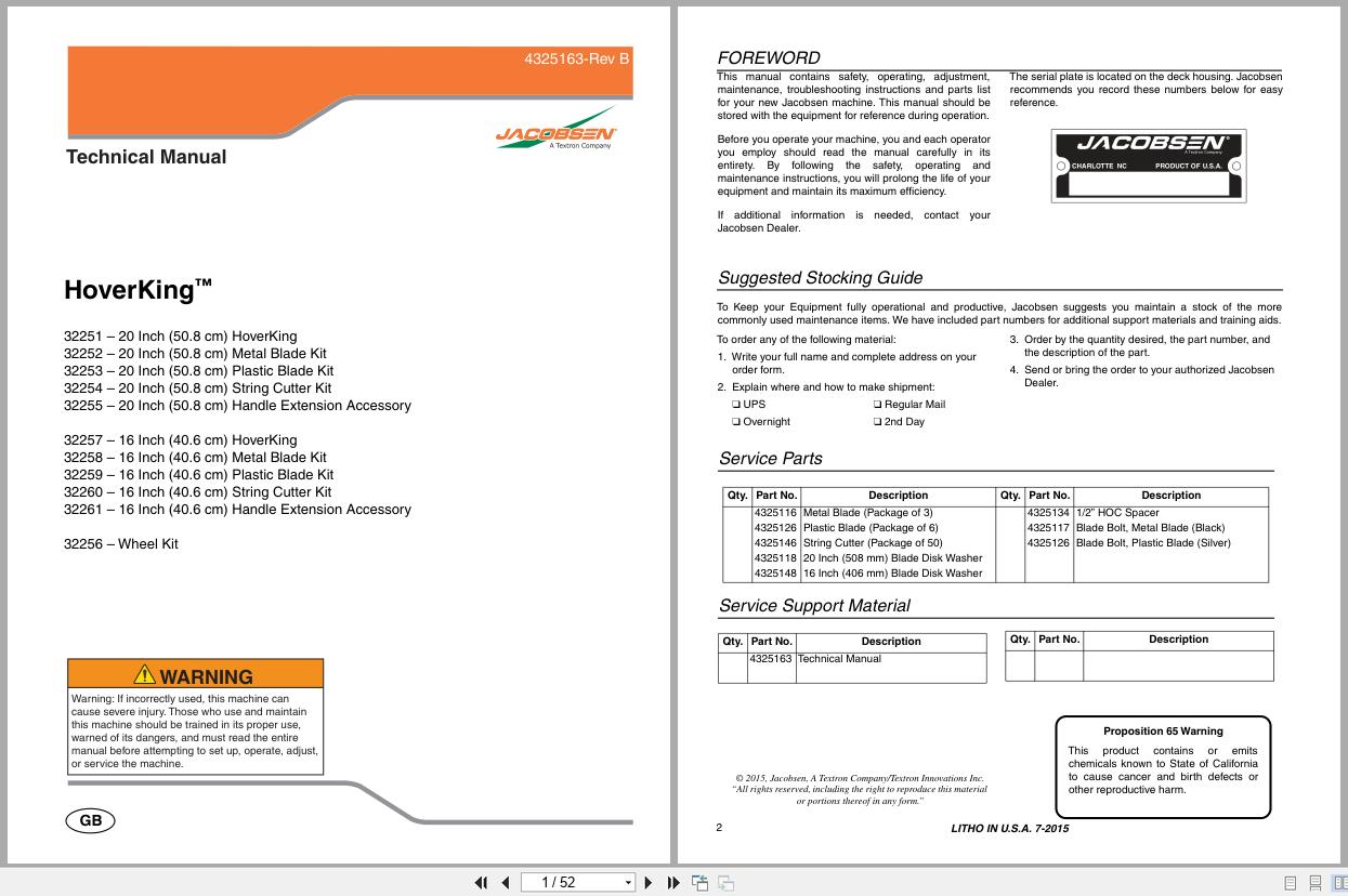 Jacobsen Mower HoverKing 32251 to 32261 Technical Manual 4325163 B 2015 (1)