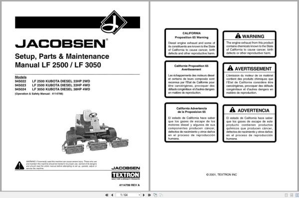 Jacobsen Mower Lf 2500 Lf 3050 Setup Parts Maintenance Manual 4114799 2001 (1)