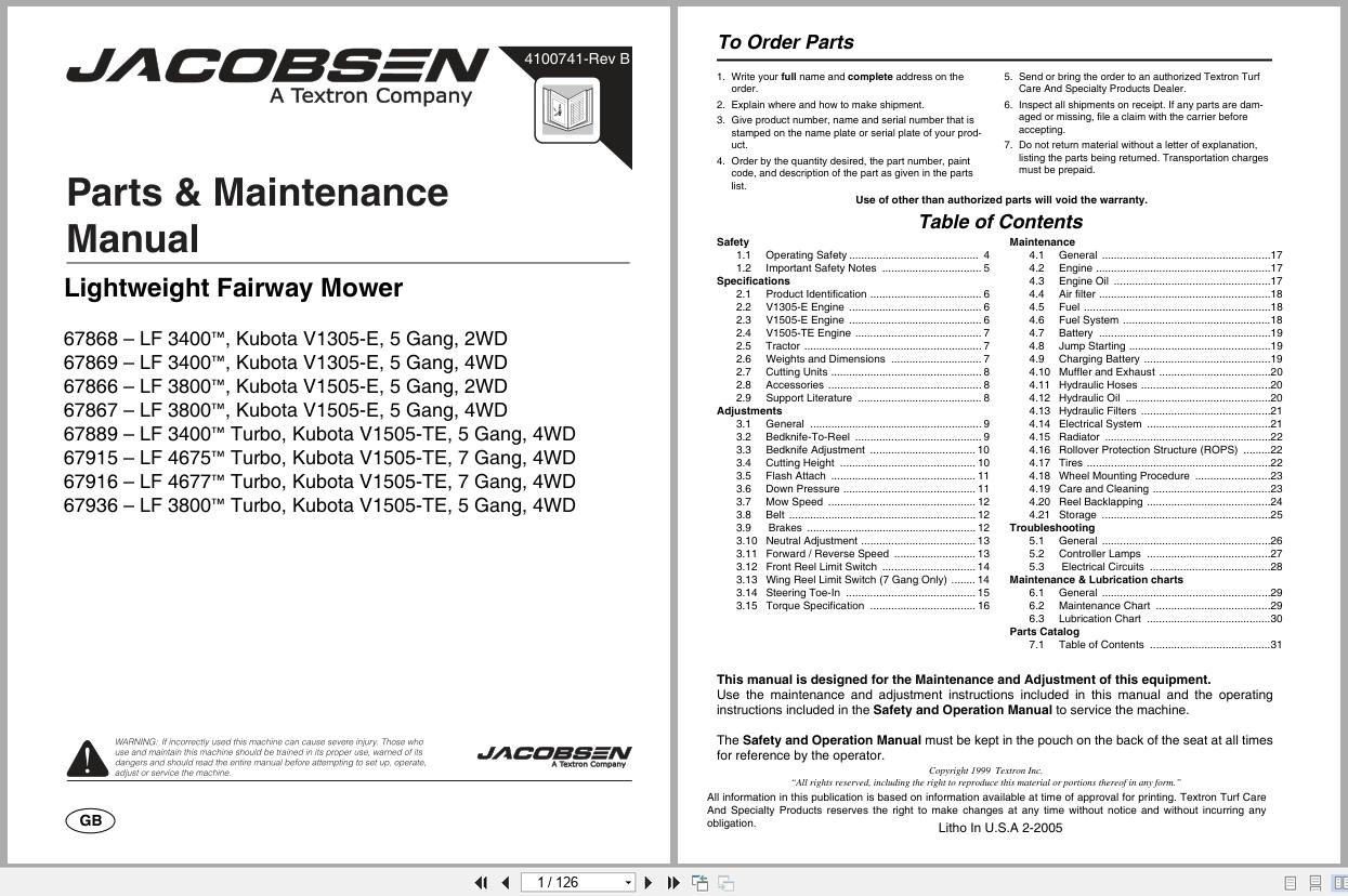 Jacobsen Mower LF 3400 3800 4675 4677 Parts Maintenance Manual 4100741 B 2005 (1)