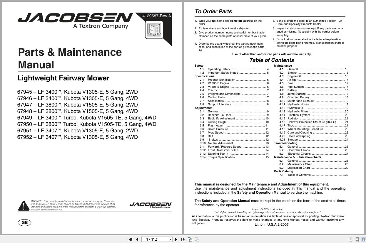 Jacobsen Mower LF 3400 LF 3407 LF 3800 Parts Maintenance Manual 4129587 A 2005 (1)