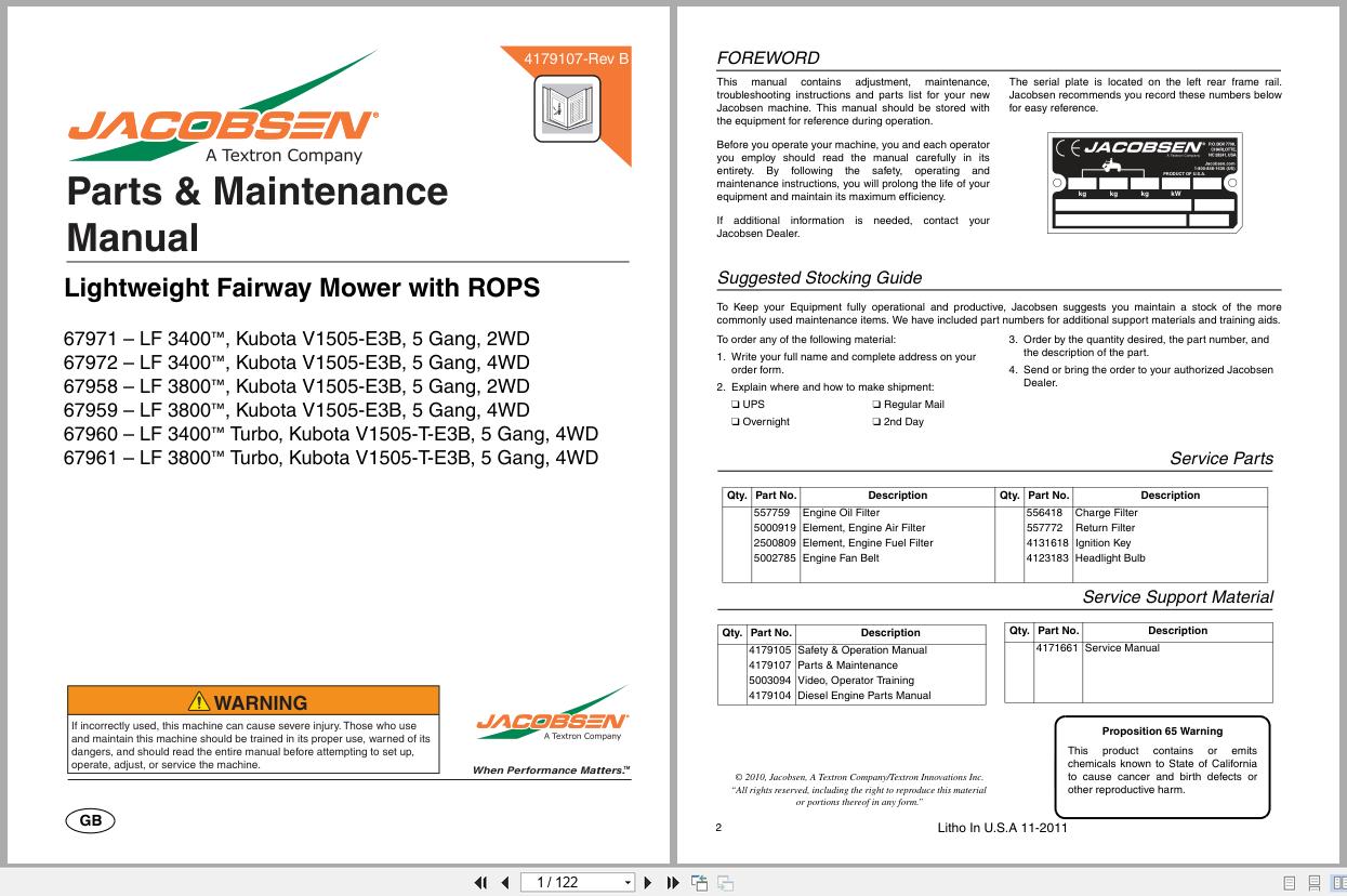 Jacobsen Mower LF 3400 LF 3800 Parts Maintenance Manual 4179107 B 2011 (1)