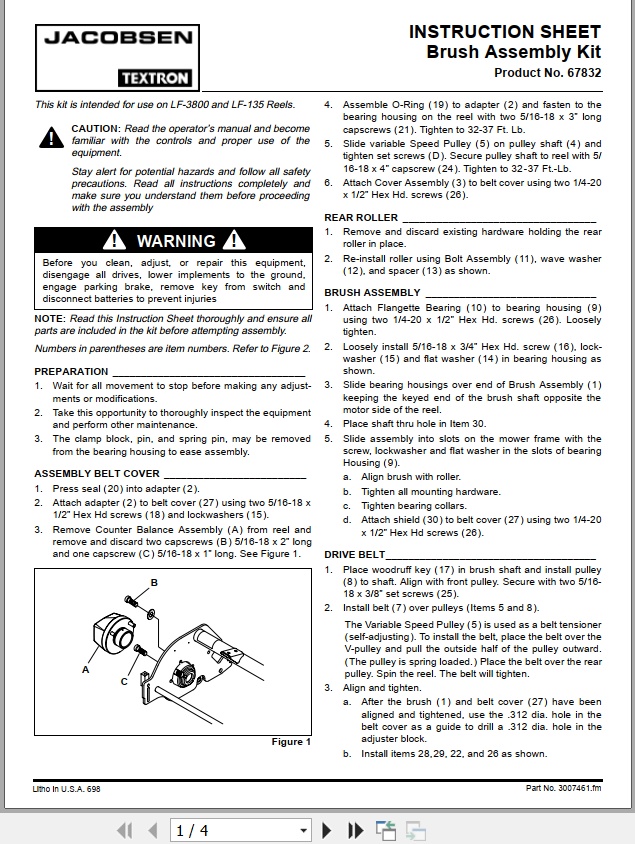 Jacobsen Mower LF 3800 LF 4677 Brush Kit Instruction Sheet 3007461 (1)