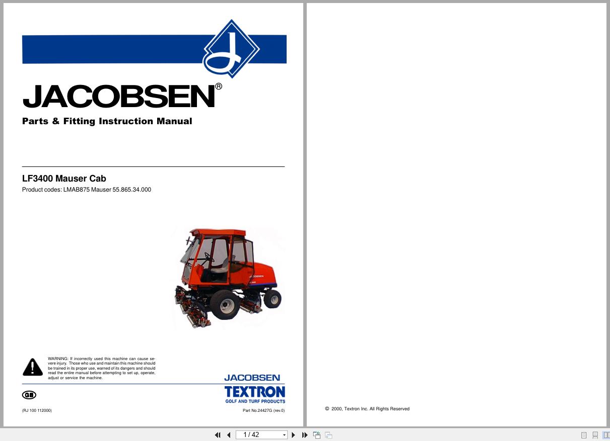 Jacobsen Mower LF3400 Mauser Cab Parts Fitting Instruction Manual 24427GR0 2000 (1)