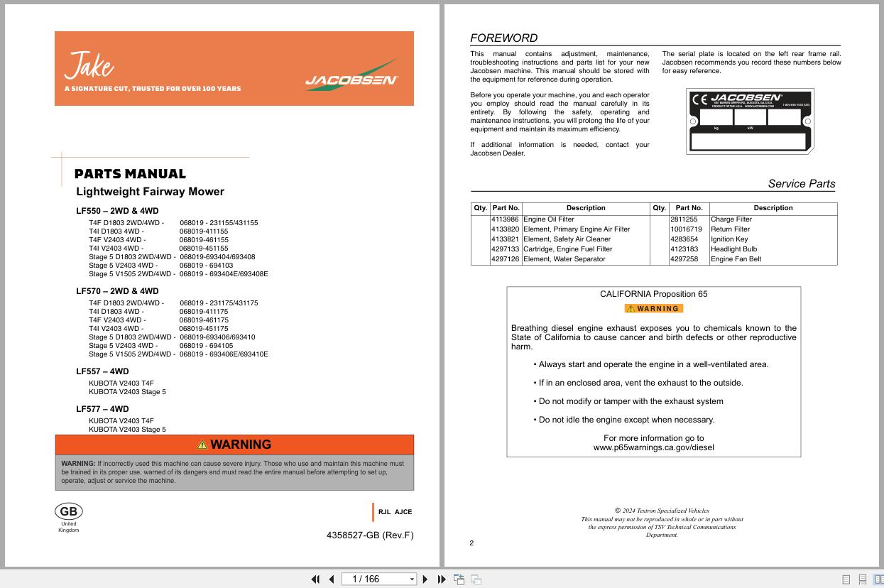 Jacobsen Mower LF550 LF557 LF570 LF577 Parts Manual 4358527 F 2024 (1)