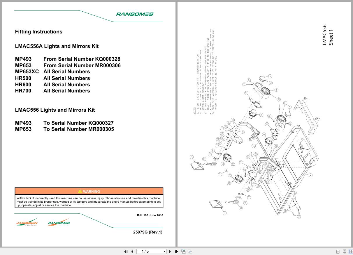 Jacobsen Mower MP493 to HR700 Lights And Mirrors Kit Fitting Instruction 25079G R1 2016 (1)