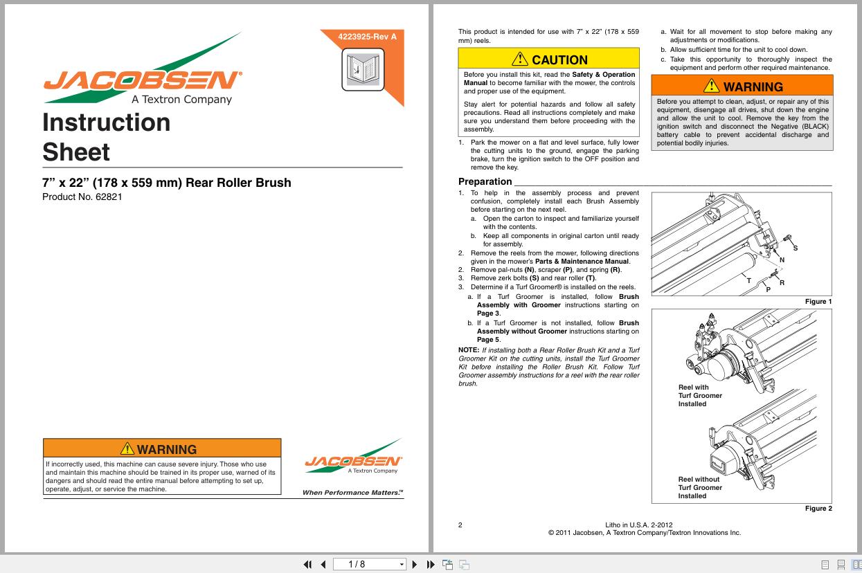 Jacobsen Mower Rear Roller Brush 62821 Instruction Sheet 4223925 2011 (1)