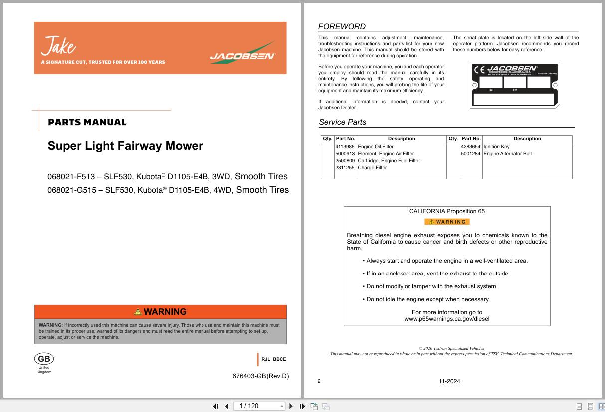 Jacobsen Mower SLF530 Parts Manual 676403 D 2024 (1)